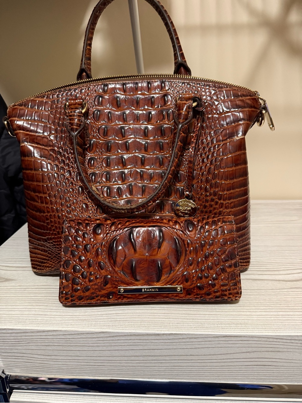 Brahmin Cognac Croc-Embossed Leather Tote with Matching Wallet